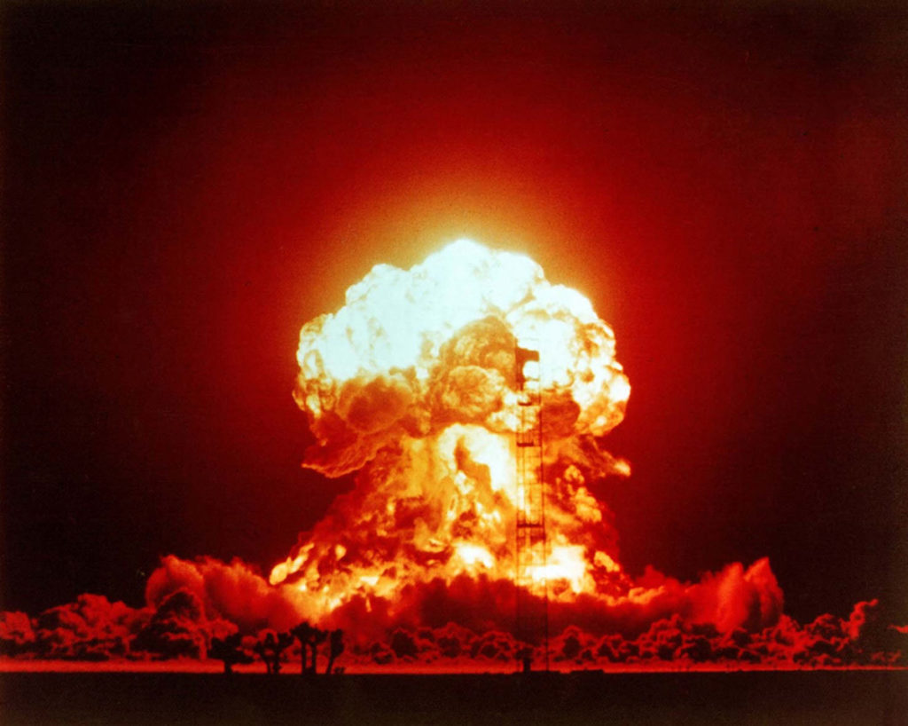 The BADGER shot was a 23 kiloton nuclear bomb. Over 2,000 US soldiers were within 3.7 kilometers of the explosion and some moved as close a 460 kilometers after the blast. April 18, 1953, at the Nevada Test Site.